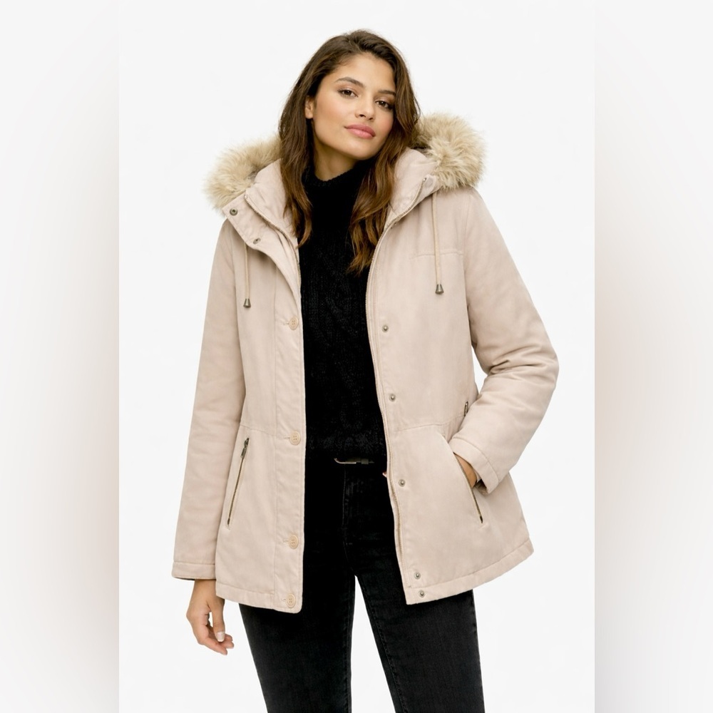 Fitz-Wright Winter Coat Jacket Parka Tan Cream Fur Hood L